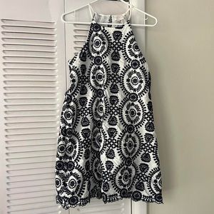 Dark navy blue and white sleeveless lace dress